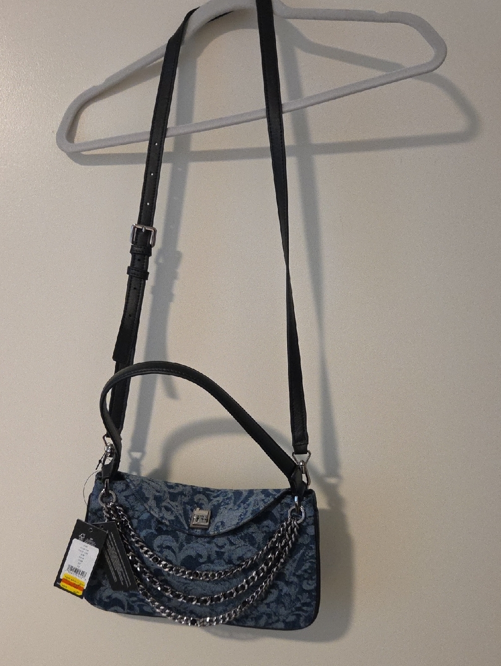 Karl Lagerfeld Blue Jacquard Shoulder Bag with Silver Turn-Lock